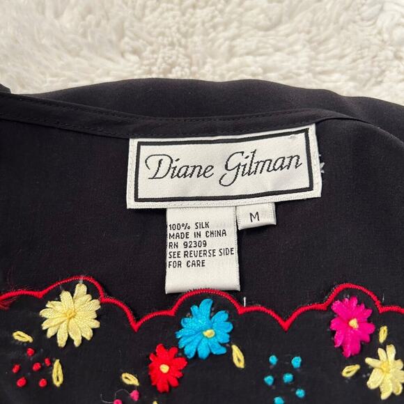 NWT Diane Gilman Silk Floral Embroidered Top in Black Size M Y2k/Bohemian/Art - Picture 5 of 5